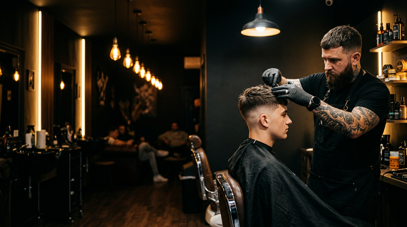 Barberare stylar en kunds nyklippta fade i en mörk barbershop